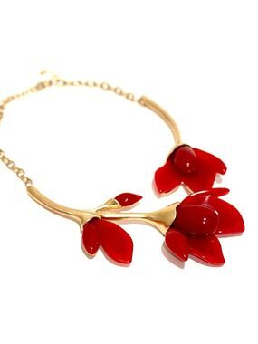 Artisan Red Jade Brushed Gold Magnolia Flower Collar Necklace NWT